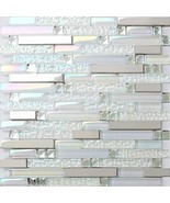 Glass Metal Linear Mosaic Wall Tile Iridescent White Silver Backsplash S... - £145.18 GBP