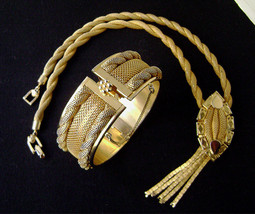 Vintage Signed Continental Gilt Mesh Tassel  Necklace Cuff Bracelet Art Deco 60&#39; - £54.27 GBP