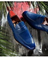 Handmade Men Blue Color Moccasin Loafer Slip Ons Apron Toe Men Leather S... - $205.14 CAD+