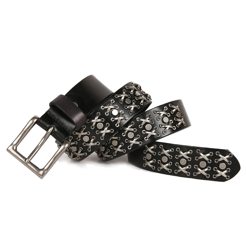 Top Natural 100% cow leather buckle belt   genuine leather punk rivet be-110CM - £46.41 GBP