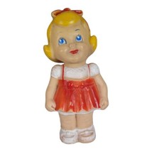 Vintage 8.5&quot; Sun Rubber Clone Rubber Baby Doll Red Dress Girl Squeaky  - £31.00 GBP