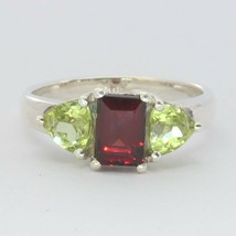Red Garnet Rectangle Yellow Green Peridot Trillion 925 Ring Size 6.5 Design 18 - £82.26 GBP