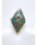 Vintage Tuareg Brass Turquoise Inlay Ring – Handmade Boho Statement Jewelry - $70.07 CAD