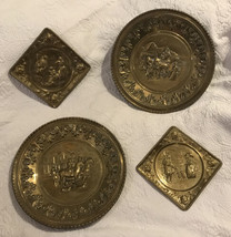 4 Vtg Brass Plate Trays Wall Decor England Colonial Village Horses Dogs Repousse - £58.75 GBP