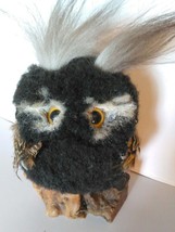 Owl figure Fuzzy Furry OOAK Bird on Wood base Handmade Unique Animal dis... - $45.00