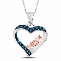 Sterling Silver Round Blue Color Enhanced Diamond Heart Mom Fashion Pendant 1/10 - £75.79 GBP