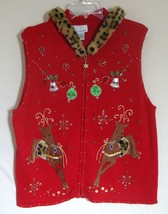 Reindeer Zip Front Hoodie Sweater UGLY Christmas WINNER Sleeveless Cardigan XL - £20.61 GBP