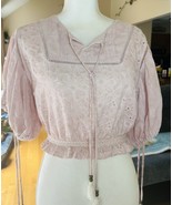 POL Anthropology Women Pink Lace Embroidered Eyelet Crop Top Balloon Sle... - €19,56 EUR