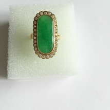 14K Solid Yellow Gold Green Jade Women CZ Ring Size 7.5 - £623.38 GBP