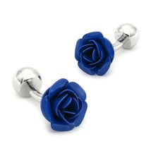 Blue Rose Cufflinks Metal Enamel Flower Floral W Gift Bag Wedding Party Groom - £8.98 GBP