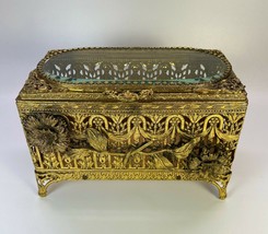 Vanity Gold Plated Watch Jewelry Box Ornate Ormolu Beveled Glass Raised Flowers - £67.26 GBP