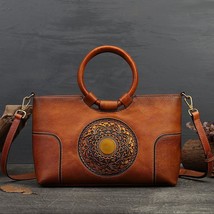Retro Totem Embossed Genuine Leather Women Bag Natural Real Cowhide Hand... - £112.27 GBP