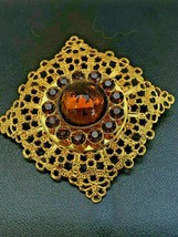 vintage gold filigree brown rhinestone cab cabochon maltese cross pin br... - £15.65 GBP