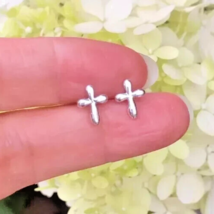 Tiny Religious Cross Plain Stud Earrings 14K White Gold-Plated Sterling ... - $121.54