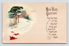 Winter Cabin Scene New Year Greeting w Poem Unused UNP DB Postcard K14 - £4.08 GBP