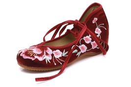 Flower Embroidered Women Flannel Cotton Fabric Ballet Flats Mid Top Cross Strap  - £22.71 GBP