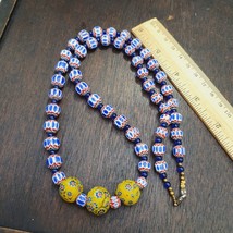 Beautiful Blue chevron and yellowFloral glass pendant beaded necklace Gift - $41.40