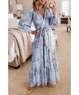 Sky Blue Printed Surplice V Neck Bubble Sleeve Sash Maxi Dress - £46.57 GBP