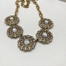J Crew Signed Necklace 17&quot; Statement Brushed Gold Tone Clear Rhinestones Flowers - £10.27 GBP