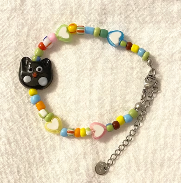 Colorful Cat Pendant Beaded Bracelet, Cute Cat Bracelet, Girl bracelet,E... - $12.00