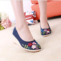 Chinese Women Pumps Floral Slip On Shoes Natural Linen Pumps Slope Heel Retro Cl - £43.55 GBP