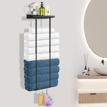 Wall Mounted Towel Rack with Retractable Bars, Hooks, Black, Metal &amp; Wood - £16.06 GBP