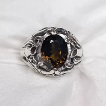 Tourmaline Mens Silver Ring Chinese Bamboo Handmade Carved Ring - $100.00