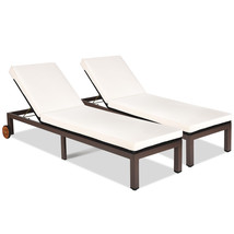 2PC Patio Rattan Lounge Chair Chaise Recliner Back Adjustable Cushioned W/Wheels - £345.47 GBP
