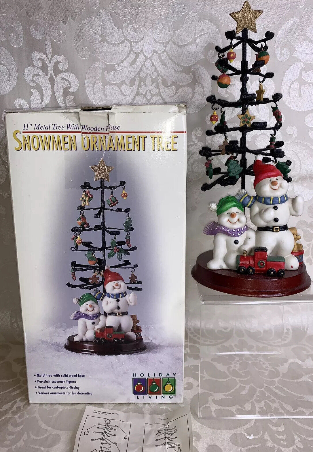 Snowmen w/ Metal Tree w/ Wood Base &amp; Ornaments Christmas Holiday Living ... - $14.03