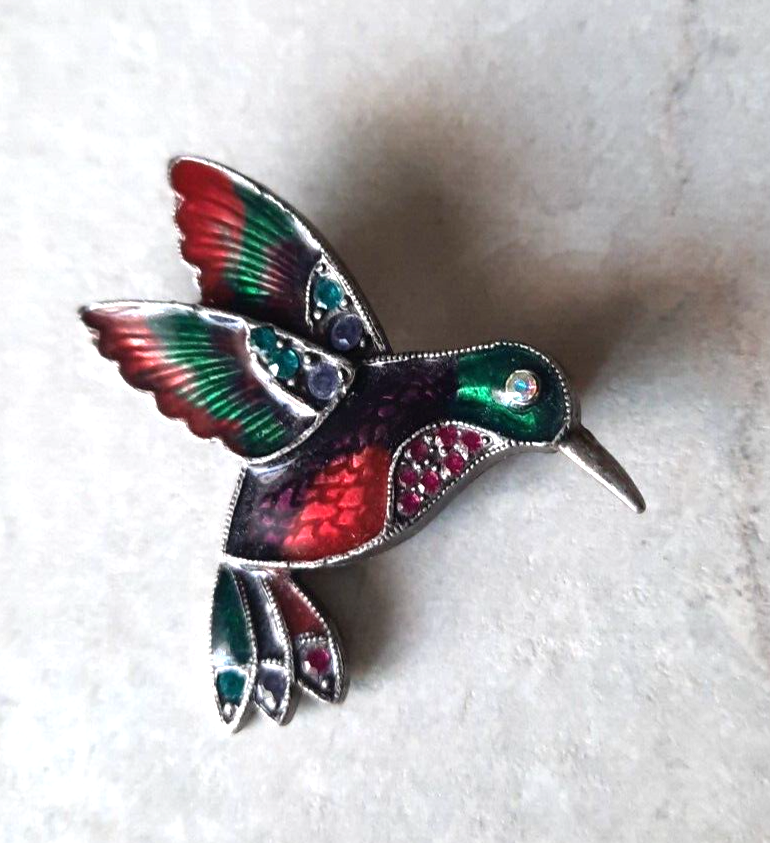 Primary image for Vintage TC Tanya's Creations Darkened Silver Tone Brooch Pin Enamel Hummingbird