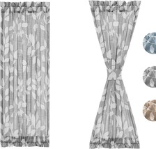 Grey White Leaf Front Door Curtains Privacy Linen Texture Semi Sheer Drapes 26&quot; - £27.13 GBP