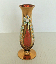 Vintage Bohemian Czech art glass vase red gold color design  raised flowers - £39.38 GBP