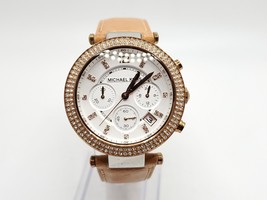 MICHAEL KORS Parker Womens Crystal Chronograph Watch White Rose Gold Tan Leather - £47.25 GBP