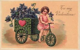 Cherub Riding Tricycle With Flowers &amp; HEART-1910s To My Valentine Postcard - £8.04 GBP