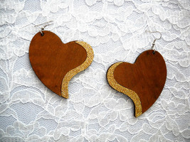 Xl Medium Brown Shaped Heart W Gold Glitter Accent Real Wooden Dangling Earrings - £4.80 GBP