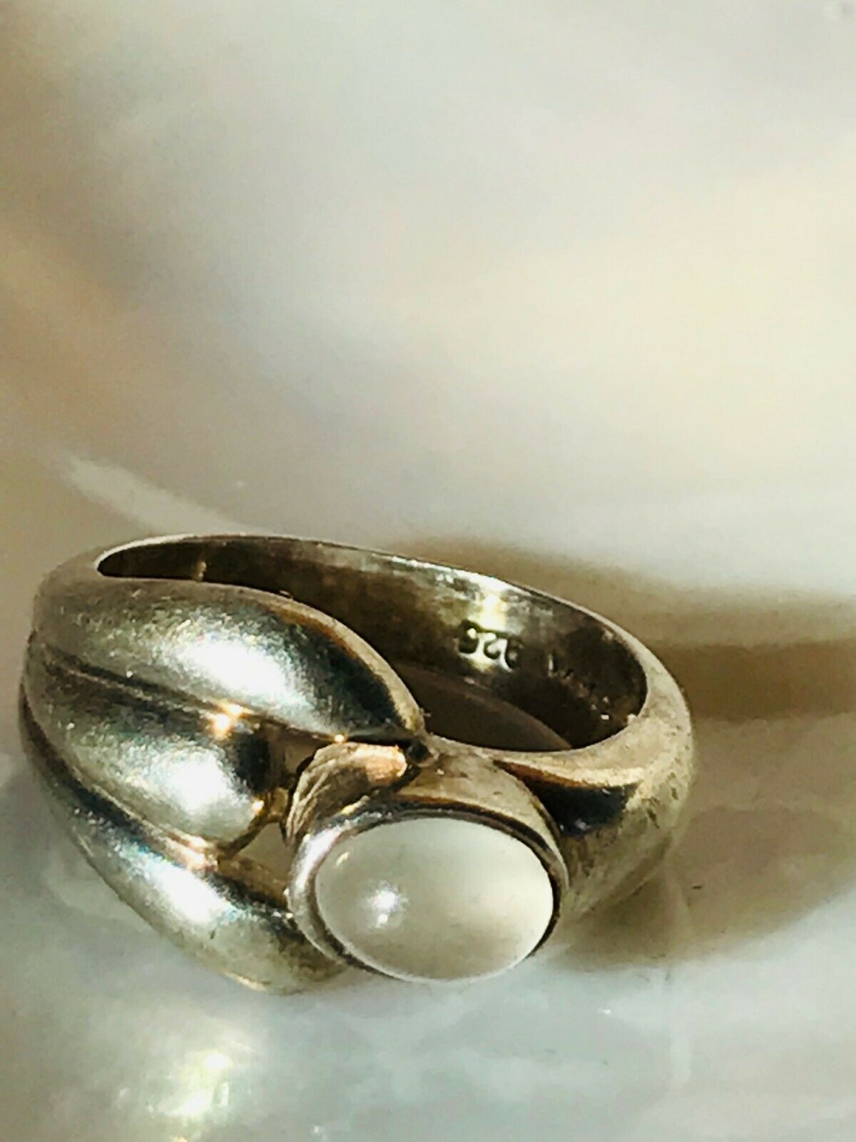 Estate Boma 925 Signed Ridged Silver Band with Small Oval Moonstone Ring Size 7. - $28.84