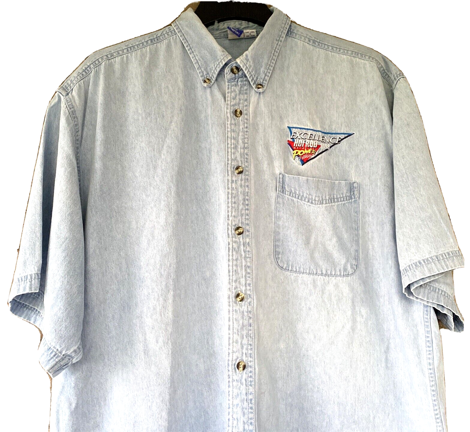 Primary image for VTG Denim Shirt Hot Rod Cars Embroidered Logo Mens XXL Button Down 1998 Grunge