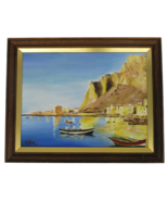 1960s Oil Painting Ships Coastal Town Row Boats Blue Gold 15x19 Vintage - £35.20 GBP