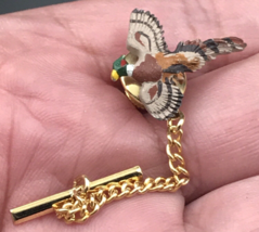Flying Pheasant Spread Wings Resin Tie Tack Pin w/ Gold Tone Chain 1&quot; x ... - £7.54 GBP