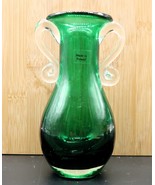 Vtg Green Glass Vase Made in Poland W/ Applied Handles 6&quot; Beautiful Color - $39.99