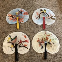 4 Vintage Folding Fans Birds Metal Handle Made in The Peoples Republic o... - £23.57 GBP