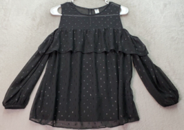Old Navy Blouse Top Women XS Black Sparkly Swiss Dot Ruffle Cold Shoulder Sleeve - £14.58 GBP