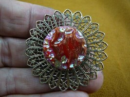 (Z18-1) iridescent red pink sparkle Czech glass button filigree pin brooch - £15.50 GBP