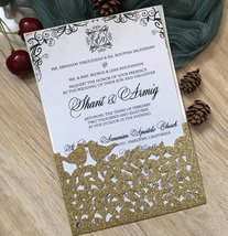 50pcs Glitter Gold Love Bird Laser Cut Wedding Invitations,Menu Cards,Birthday I - £50.20 GBP