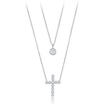 Sterling Silver Small CZ and Beaded Cross Double Strand Necklace - £59.17 GBP