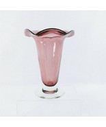 Vase Hand Blown Glass Trumpet Shaped Purple Amethyst Ruffled Top on Stem... - £26.24 GBP