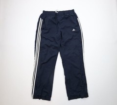 Vintage Adidas Mens Large Distressed Spell Out Striped Wide Leg Pants Navy Blue - $29.65