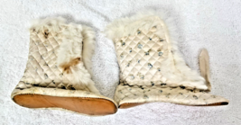 Antique Victorian White Silk Quilted Baby Boots Rabbit Fur Trim Leather ... - $18.32
