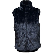 Cejon Black Faux Fur Vegan Full Zip Vest Satin Lining Stand Up Collar Large - $22.99