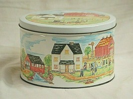 Vintage Figis Metal Tin Can w Lid Amish Family Country Farm Red Barn Sold Empty - £23.45 GBP